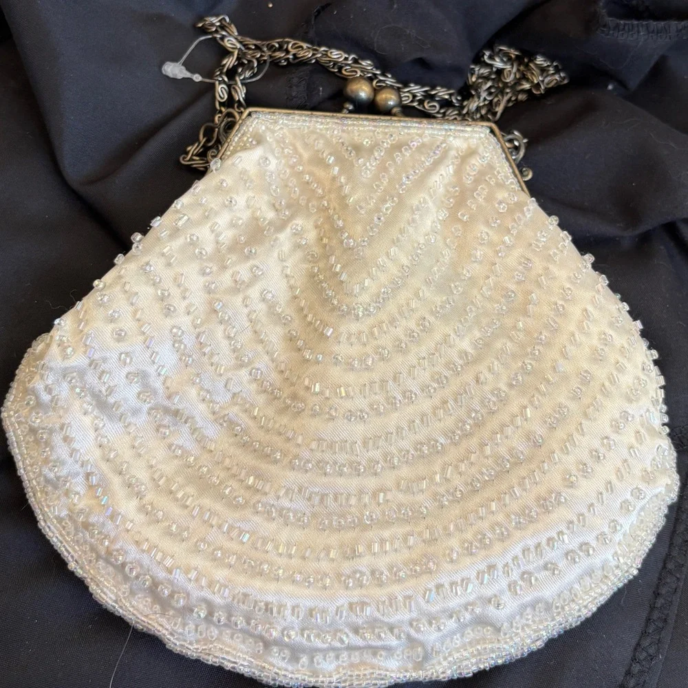 Jessica McClintock Vintage 90s White Satin Beaded Evening Bag - Picture 1 of 3
